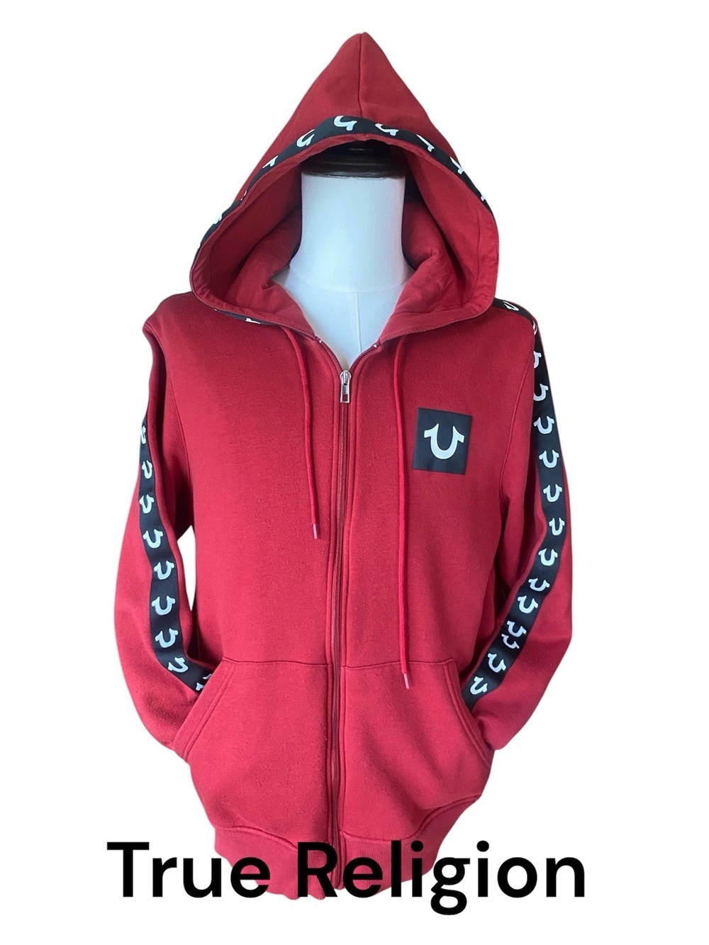 True Religion Red Zip Up Hoodie Logo Tape Sleeves Men’s Size Large L Streetwear